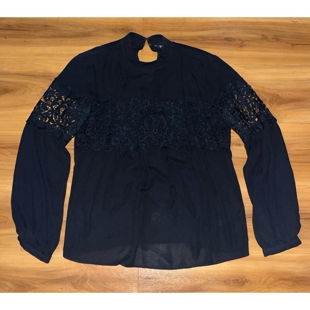Womens Express Embroidery Crochet Black Eyelet Mock Neck Top Blouse
